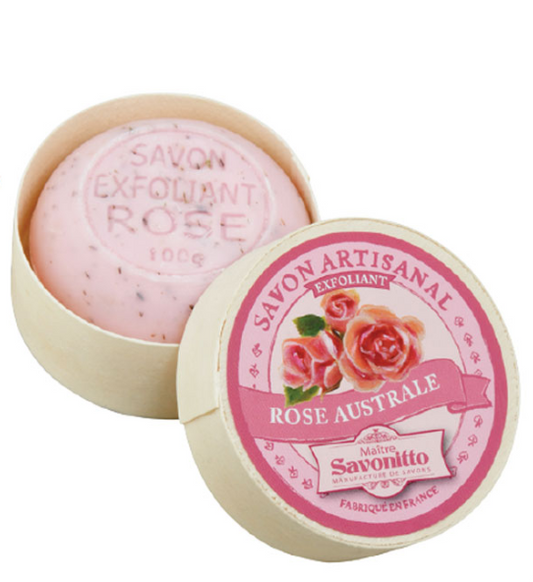 Savon exfoliant Rose avec boite en bois - Maitre Savonitto